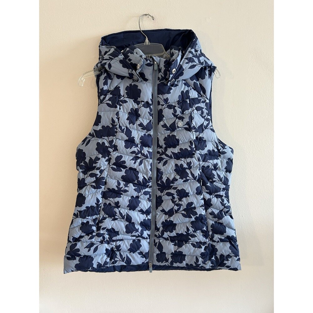 G/FORE Light Blue and Navy Floral Quilted Hooded Vest